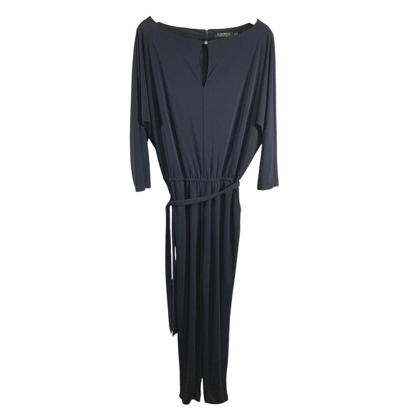Lauren Ralph Lauren Pants - Lauren Ralph Lauren Womens Stretch Jersey Jumpsuit M Blue Tie Keyhole 3/4 Sleeve